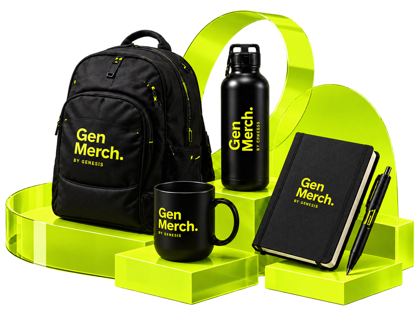 Gen Merch branded backpack, drinkware, notebook, and pen